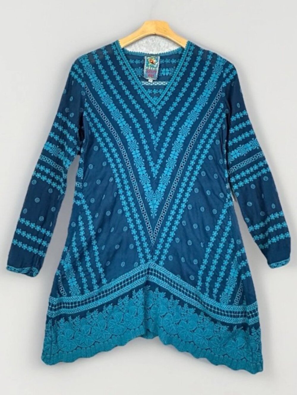 Johnny Was Rayon Boho Dress XS Blue Roll Tab Sleeves Embroidery Eyelet Festival